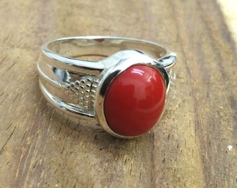 Anillo de coral hecho a mano: diseño antiguo en plata de ley 925
