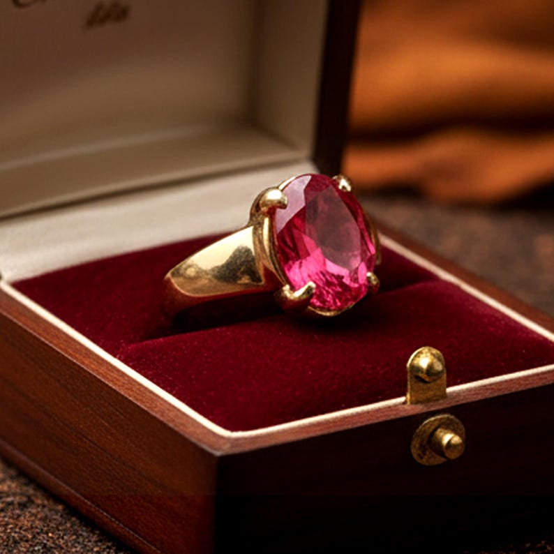 Peut inclure: Une bague en or avec une grosse pierre rose de forme ovale, pr&eacute;sent&eacute;e dans un &eacute;crin en bois avec un int&eacute;rieur en velours rouge. La monture de la bague est classique, et la bo&icirc;te est ferm&eacute;e.