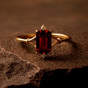 May include: A gold ring with a rectangular, deep red gemstone. The ring has a delicate band and small accent stones above and below the main stone. The ring is set on a textured, brown surface.