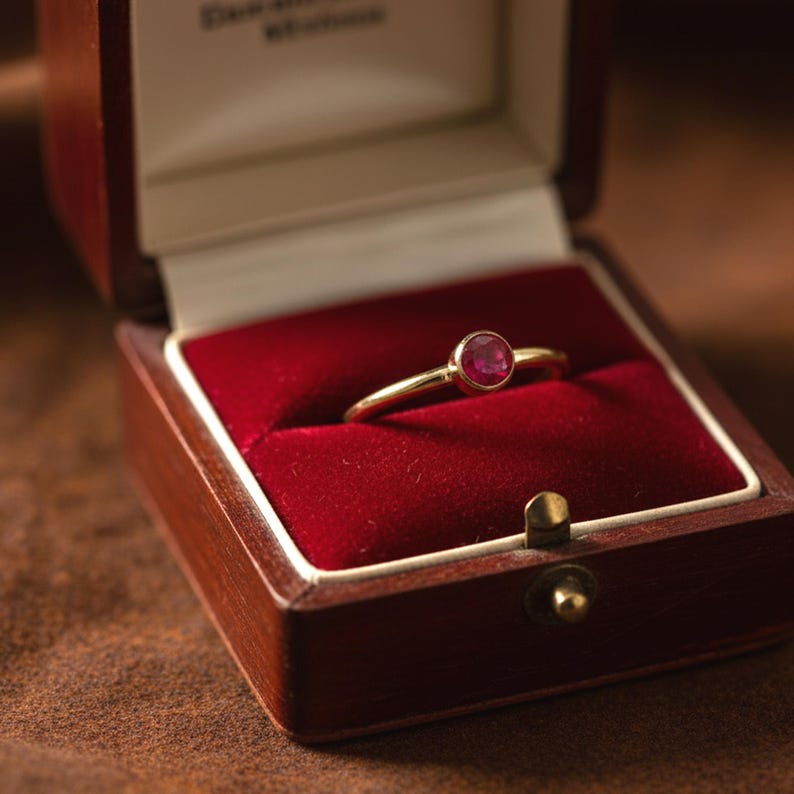 May include: A gold ring with a round, red gemstone sits in an open wooden jewellery box with a red velvet interior. The ring is the focal point, and the box is brown with a brass clasp. The ring's design is highlighted by the box's presentation.