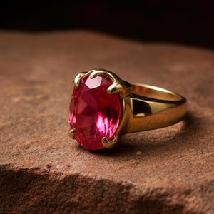 Peut inclure: Une bague en or avec une grosse pierre pr&eacute;cieuse rouge rubis de forme ovale. Le corps et le sertissage de la bague sont dor&eacute;s et polis, et la pierre est maintenue par quatre griffes. La bague est pos&eacute;e sur une surface brune et textur&eacute;e.