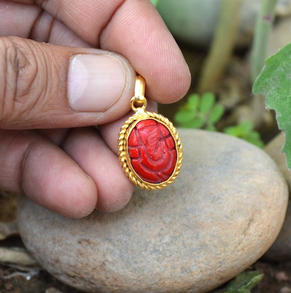 Certified Red Coral moonga 4.00 Gemstone Unisex Pendant in Panchadhatu Coral Pendant Lord Ganesh Pendant Etsy