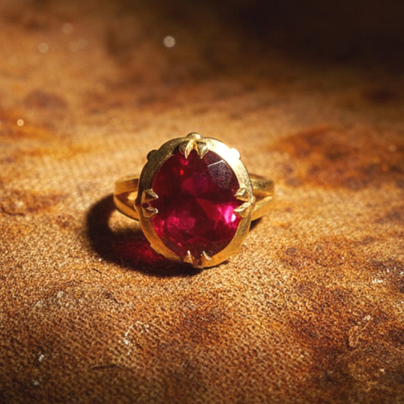 May include: A gold ring with an oval, faceted, red gemstone. The ring has a detailed, ornate setting with small decorative elements around the gemstone. The ring is set against a textured, brown surface.