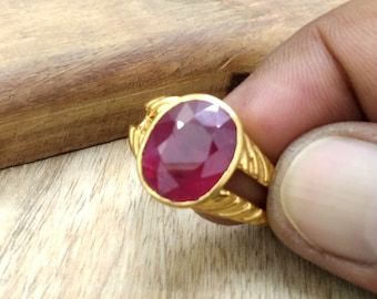 Certified Ruby Ring: 8.5 Ct. Gemstone Panchdhatu Gold Plated Ring