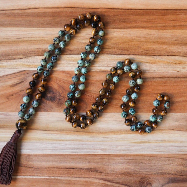 African Turquoise Jasper and Tigers Eye Natural Gemstone 8mm bead Mala / Prayer Beads / Necklace