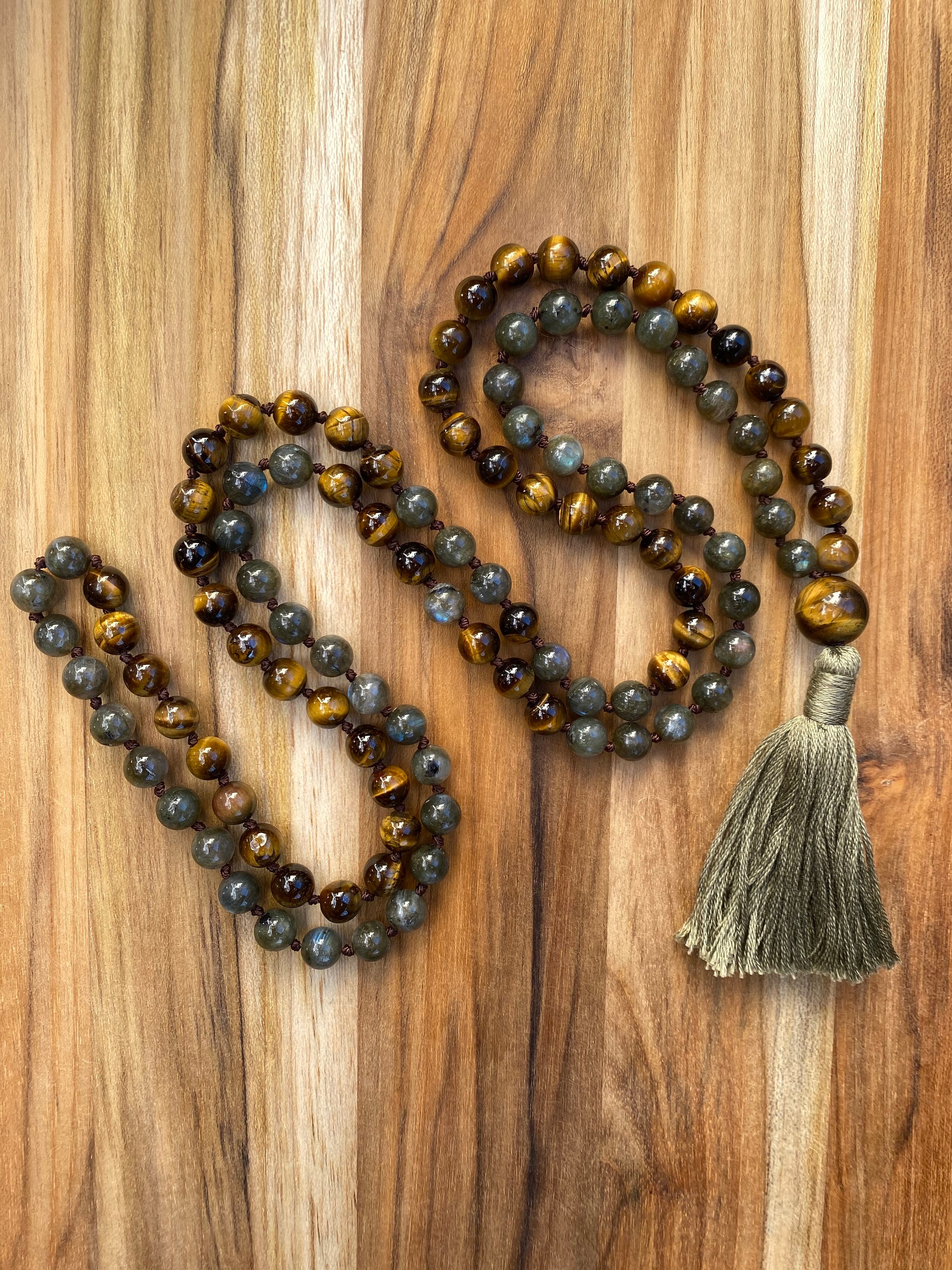 Natural AAA Labradorite Mala, Prayer Necklace, Tibetan Mala, Knotted