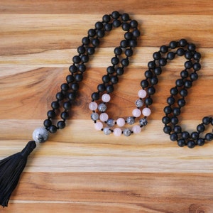 Onyx, Rose Quartz and Tourmalated Quartz Natural Gemstone 8mm bead Mala / Prayer Beads / Necklace