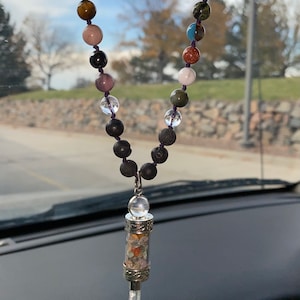 Car Rear-View MIrror Mala - Multi Gemstones with quartz point charm