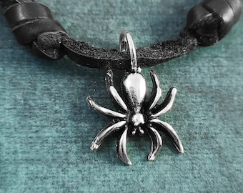 Spider Necklace SMALL Spider Charm Spider Jewelry Halloween Necklace Halloween Jewelry Brown Leather Necklace Men's Jewelry Boyfriend Gift