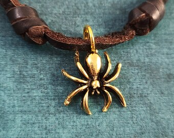 Spider Necklace SMALL Spider Charm Spider Jewelry Halloween Necklace Halloween Jewelry Brown Leather Necklace Men's Jewelry Boyfriend Gift