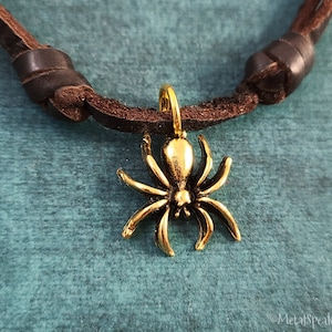 Spider Necklace SMALL Spider Charm Spider Jewelry Halloween Necklace Halloween Jewelry Brown Leather Necklace Men's Jewelry Boyfriend Gift