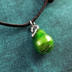 Pear Necklace SMALL Green Pear Charm Pear Jewelry Fruit Jewelry Black Leather Necklace Mens Jewelry Boyfriend Gift Under 30 Stocking Stuffer