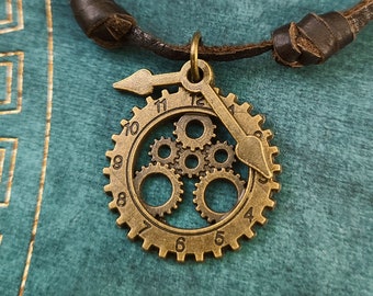 Gear Necklace SMALL Clock Charm Necklace Steampunk Necklace Cog Charm Leather Necklace Brown Cord Necklace Men's Jewelry Boyfriend Necklace
