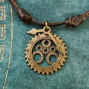 Gear Necklace SMALL Clock Charm Necklace Steampunk Necklace Cog Charm Leather Necklace Brown Cord Necklace Men&#39;s Jewelry Boyfriend Necklace