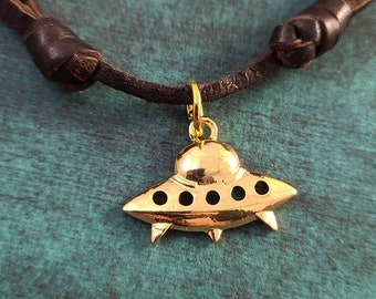 UFO Necklace SMALL UFO Charm Ufo Pendant Necklace Ufo Jewelry Alien Necklace Flying Saucer Necklace Brown Leather Necklace Mens Jewelry Gift