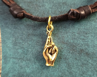 Fingers Crossed Necklace SMALL Fingers Crossed Charm Good Luck Charm Pendant Brown Leather Necklace Men's Jewelry Boyfriend Necklace Gift