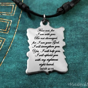Isaiah 41:10 Necklace SMALL Fear Not Bible Scripture Charm Necklace Motivational Christian Verse Black Leather Men&#39;s Jewelry Boyfriend Gift