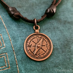 Compass Necklace Copper Compass Jewelry Travel Jewelry Long Distance Relationship Brown Leather Men&#39;s Jewelry Boyfriend Necklace Charm Gift