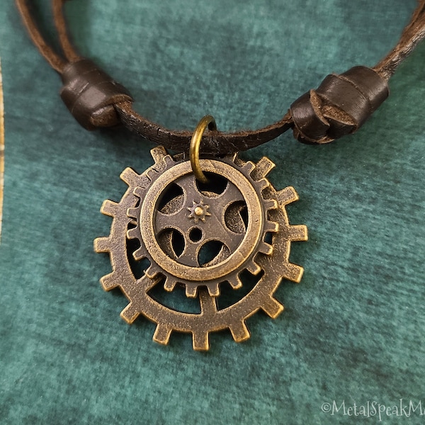 Gear Necklace SMALL Clock Gears Charm Necklace Steampunk Necklace Cog Charm Leather Necklace Brown Necklace Men's Jewelry Boyfriend Necklace