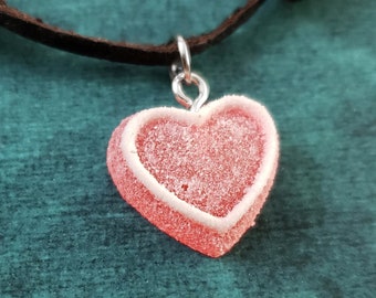 Candy Heart Necklace SMALL Pink Sugar Heart Pendant Valentine's Day Jewelry Charm Necklace Adjustable Brown Leather Necklace Gift Under 30