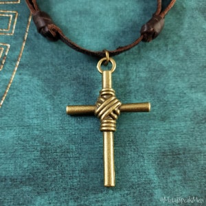 Cross Necklace Wrapped Cross Jewelry Christian Cross Charm Bronze Pendant Necklace Brown Leather Necklace Men&#39;s Jewelry Boyfriend Necklace