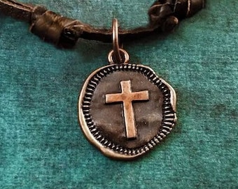 Cross Necklace SMALL Copper Cross Coin Charm Wax Seal Necklace Gift Brown Leather Necklace Cord Necklace Men's Jewelry Boyfriend Necklace