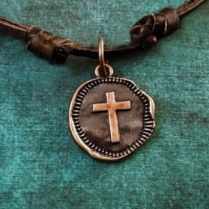 Cross Necklace SMALL Copper Cross Coin Charm Wax Seal Necklace Gift Brown Leather Necklace Cord Necklace Men's Jewelry Boyfriend Necklace