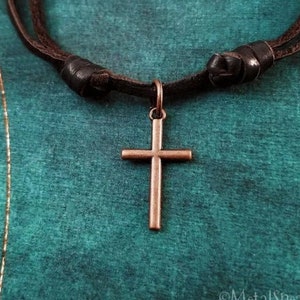 Cross Necklace SMALL Cross Jewelry Cross Charm Necklace Copper Pendant Necklace Brown Leather Necklace Men&#39;s Jewelry Boyfriend Necklace Gift