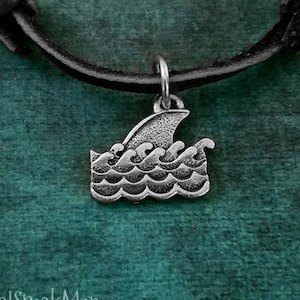 Shark Necklace SMALL Shark Charm Waves Necklace Beach Jewelry Surfer Necklace Cord Black Leather Necklace Men&#39;s Jewelry Boyfriend Necklace