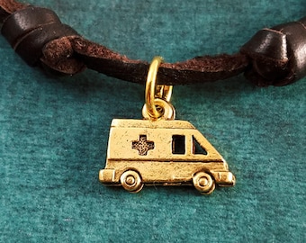 Ambulance Necklace EMT Necklace Ambulance Jewelry Charm Necklace Pendant Brown Leather Necklace Cord Necklace Men's Jewelry Boyfriend Gift