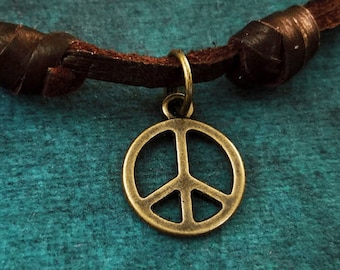 Peace Sign Necklace VERY SMALL Peace Sign Charm Necklace Hippie Gift Leather Necklace Brown Cord Necklace Men's Jewelry Boyfriend Necklace