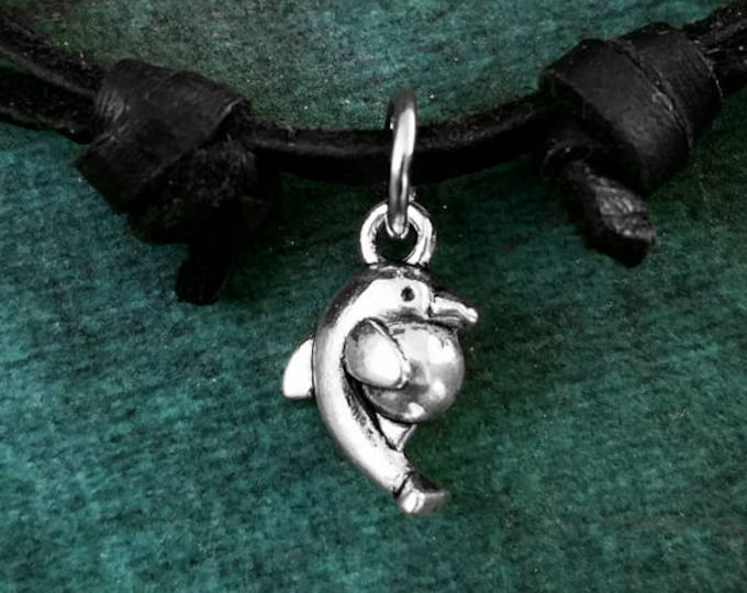 Dolphin Necklace VERY SMALL Dolphin Charm Necklace Dolphin Jewelry Black Leather Necklace Cord Necklace Men/'s Jewelry Boyfriend Necklace