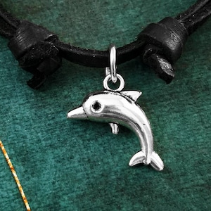Dolphin Necklace SMALL Dolphin Charm Necklace Dolphin Jewelry Pendant Black Leather Necklace Cord Necklace Men&#39;s Jewelry Boyfriend Necklace