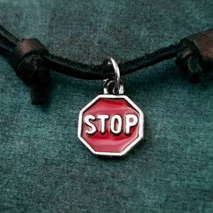Stop Sign Necklace SMALL Stop Sign Jewelry New Driver Gift Charm Leather Necklace Black Cord Necklace Men&#39;s Jewelry Boyfriend Necklace