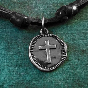 Black Cross Necklace SMALL Gunmetal Cross Coin Charm Wax Seal Necklace Gift Black Leather Necklace Cord Men's Jewelry Boyfriend Necklace