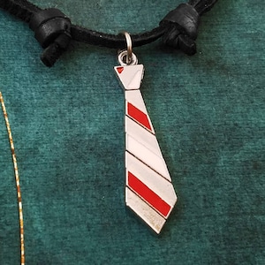 Tie Necklace SMALL Neck Tie Charm Necklace Red and White Pendant Necklace Black Leather Necklace Cord Necklace Men's Jewelry Boyfriend Gift