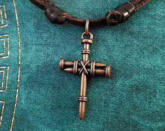 Cross Necklace Nails Cross Jewelry Cross Charm Necklace Copper Pendant Necklace Brown Leather Necklace Men's Jewelry Boyfriend Necklace