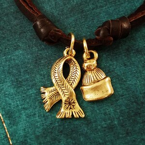 Scarf Necklace SMALL Scarf Charm Necklace Pom Pom Hat Christmas Jewelry Brown Leather Necklace Cord Necklace Mens Jewelry Boyfriend Necklace