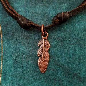 Feather Necklace Copper Necklace Charm Necklace Gift Hunting Necklace Hunter Jewelry Brown Leather Necklace Men&#39;s Jewelry Boyfriend Necklace