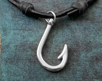 Fish Hook Necklace Fishhook Necklace Fishing Gift Hook Charm Necklace Leather Necklace Black Cord Necklace Men's Jewelry Boyfriend Necklace