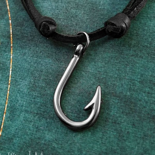 Fish Hook Necklace Black Fish Hook Jewelry Gunmetal Necklace Fishing Black Leather Necklace Men's Jewelry Boyfriend Necklace