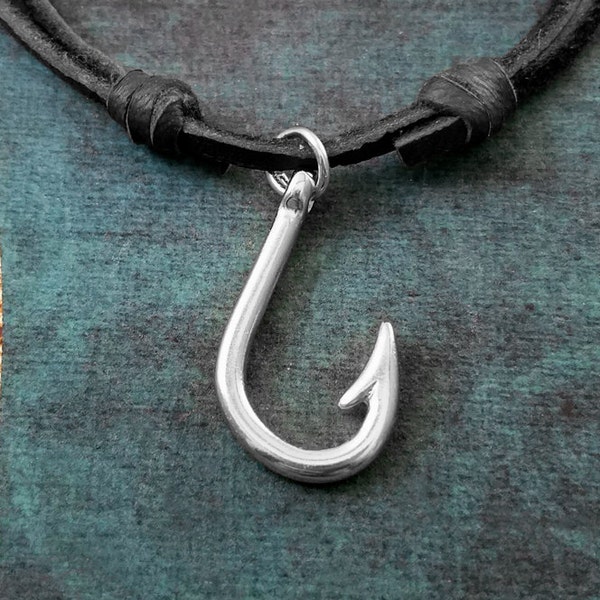 Fish Hook Necklace Fishhook Necklace Fishing Gift Hook Charm Necklace Leather Necklace Black Cord Necklace Men's Jewelry Boyfriend Necklace