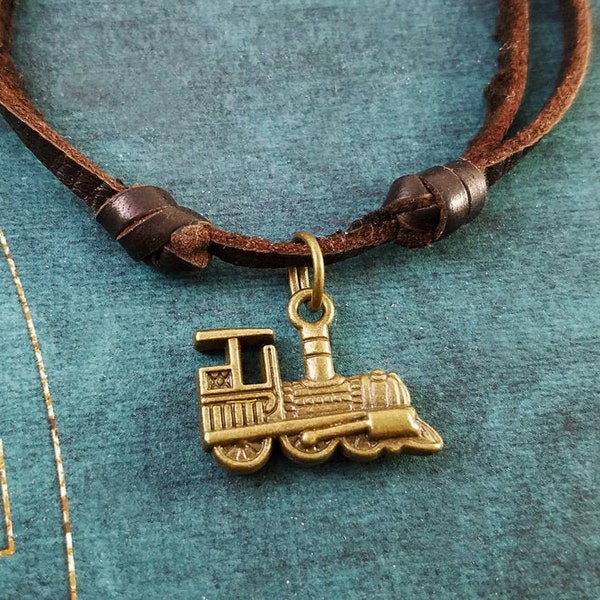 Train Necklace Train Jewelry Train Charm Necklace Bronze Train Pendant Necklace Brown Leather Necklace Men's Jewelry Boyfriend Necklace Gift