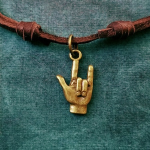 I Love You Necklace SMALL Sign Language Necklace Hand Signing Charm Leather Necklace Brown Cord Necklace Men&#39;s Jewelry Boyfriend Necklace