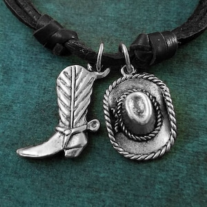 Cowboy Boot Necklace Cowboy Jewelry Cowboy Hat Necklace Country Music Leather Necklace Black Cord Necklace Men&#39;s Jewelry Boyfriend Necklace