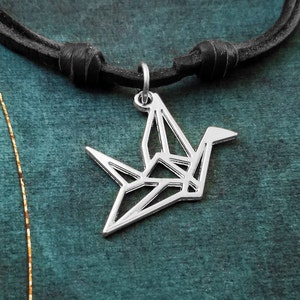 Paper Crane Necklace Paper Crane Jewelry Gift Geometric Charm Necklace Leather Necklace Black Cord Necklace Men&#39;s Jewelry Boyfriend Necklace