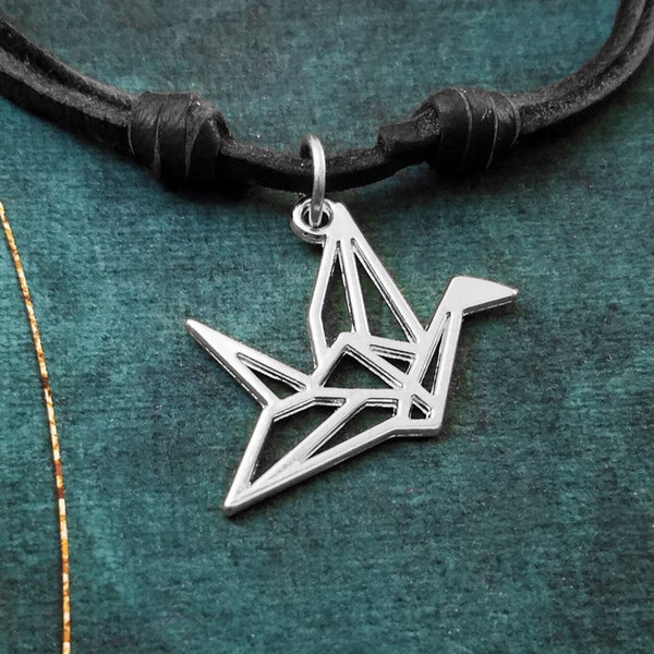 Paper Crane Necklace Paper Crane Jewelry Gift Geometric Charm Necklace Leather Necklace Black Cord Necklace Men's Jewelry Boyfriend Necklace