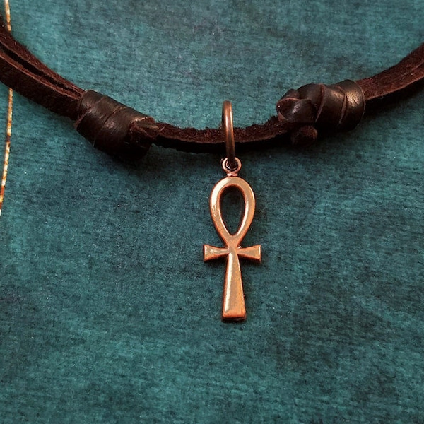 Ankh Necklace SMALL Egyptian Necklace Ankh Jewelry Gift Charm Necklace Leather Necklace Brown Cord Necklace Men's Jewelry Boyfriend Necklace