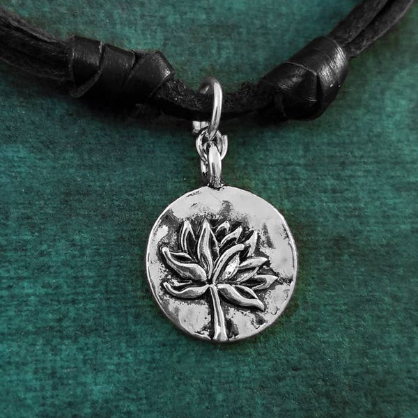 Lotus Necklace Yoga Jewelry Meditation Jewelry Mindfulness Leather Necklace Buddhist Black Cord Necklace Men's Jewelry Boyfriend Necklace