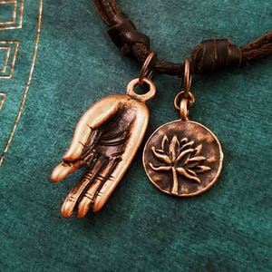 Gyan Mudra Necklace Meditation Jewelry Lotus Flower Yoga Jewelry Hand Necklace Brown Leather Necklace Cord Men&#39;s Jewelry Boyfriend Necklace